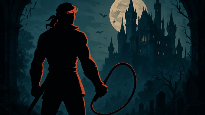 Иллюстрация к Castlevania: Belmont's Curse, сфокусированная на Бельмонте и готической атмосфере игры