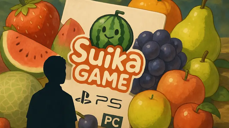 Логотип Suika Game на фоне фруктов, с указанием платформ PS5 и PC.
