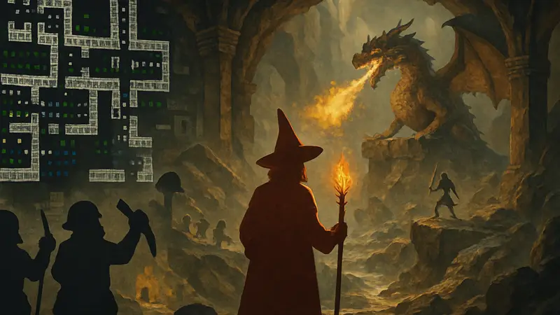 Иллюстрация, сочетающая стили Dwarf Fortress (ASCII) и Magic: The Gathering (фэнтези арт).