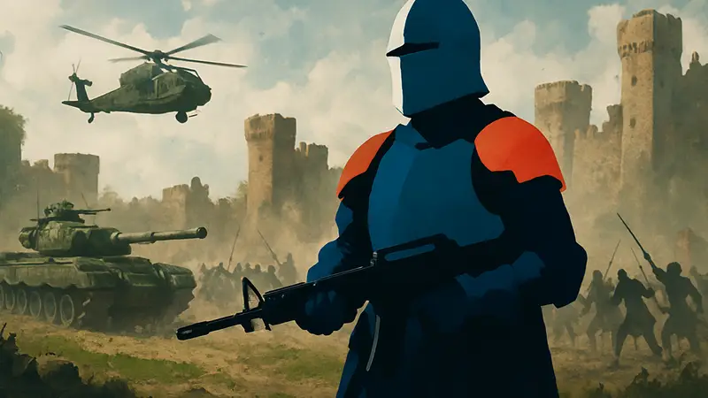 Скриншот Kingmakers: рыцарь в средневековых доспехах с автоматом на фоне сражения и военной техники.
