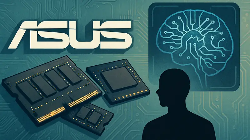 Логотип ASUS, рядом расположены чипы памяти и схематичное изображение нейросети, символизирующее ИИ.