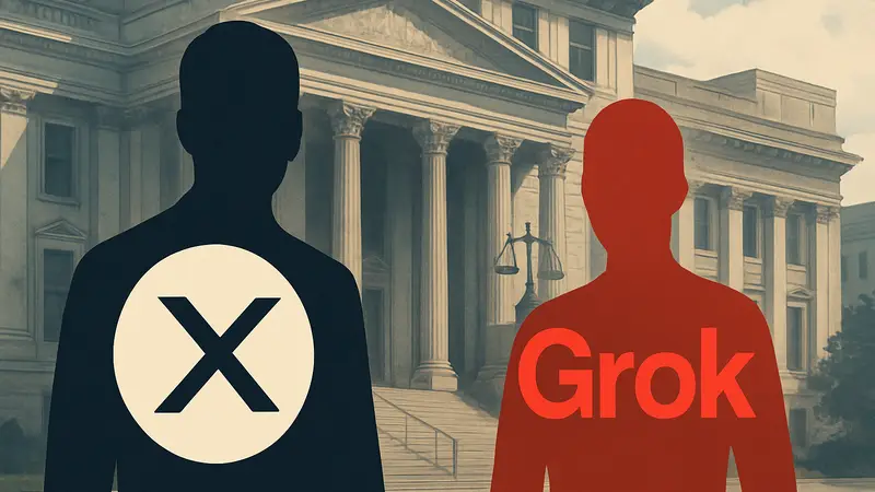 Логотип xAI и Grok, на фоне судебного здания, символизирующие иск против технологии Илона Маска.
