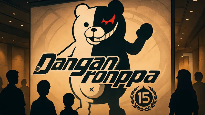 Монокума на фоне логотипа Danganronpa, анонс 15-летней юбилейной выставки в Японии.