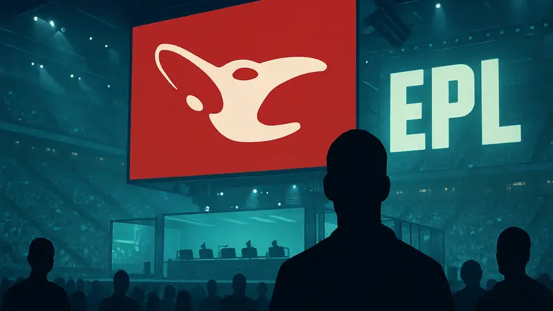 Логотип команды MOUZ на фоне киберспортивной арены с названием турнира EPL.