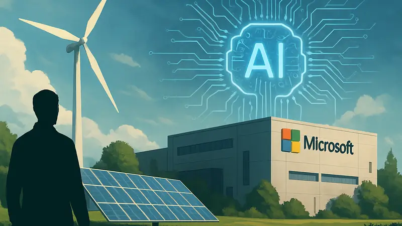 Зеленая энергия и дата-центр Microsoft на фоне ИИ-символики.