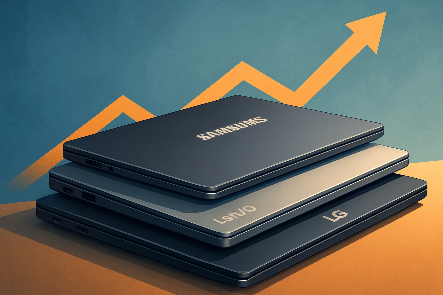 Стопка ноутбуков различных брендов, таких как Samsung, Lenovo, LG, символизирующая удорожание электроники.