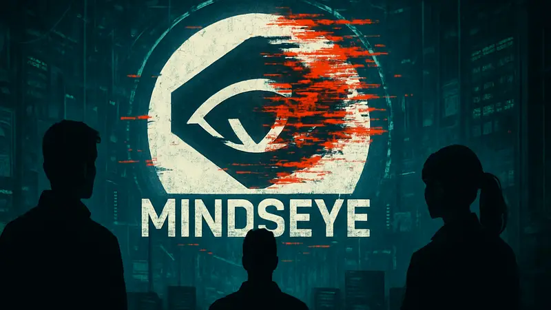Логотип MindsEye с эффектом хакерской атаки или взлома