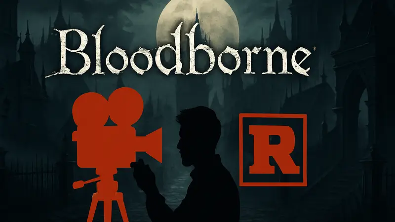 Логотип игры Bloodborne на фоне силуэта кинорежиссера и отметки R.