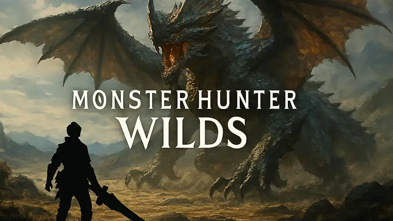 Логотип Monster Hunter Wilds на фоне монстра, анонс дополнения.