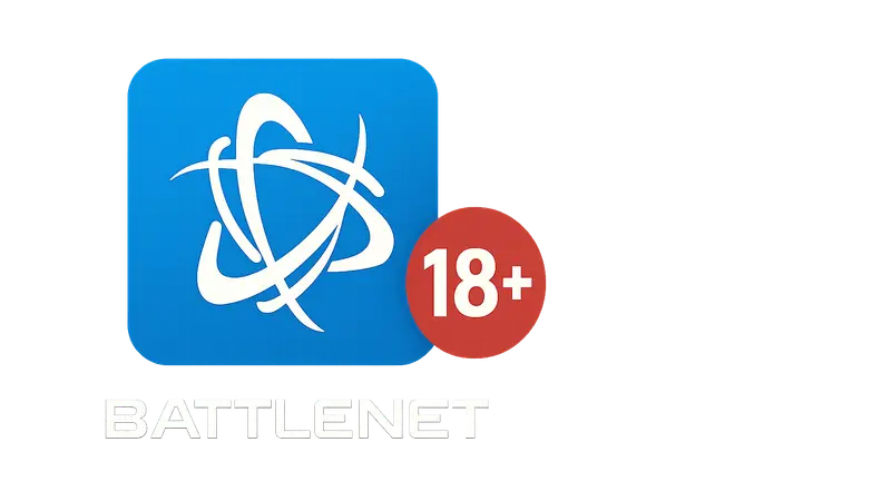 Логотип Battle.net и символ возрастного ограничения, верификация возраста для онлайн-игр.
