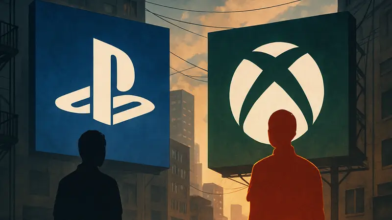 Логотипы PlayStation и Xbox рядом, символизирующие конкуренцию консолей и выбор игроков.