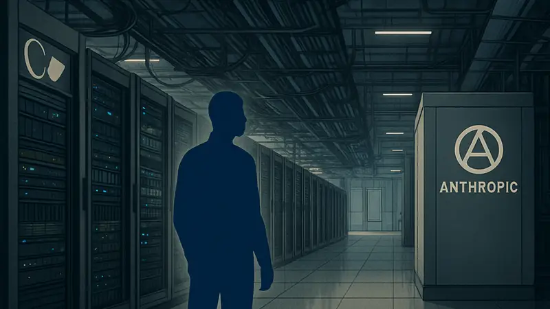 Изображение дата-центра или сетевой инфраструктуры с логотипами Coatue и Anthropic
