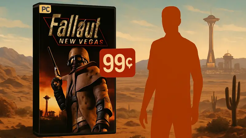 Обложка игры Fallout: New Vegas на фоне пустыни Мохаве и Вегаса, анонс скидки на PC.