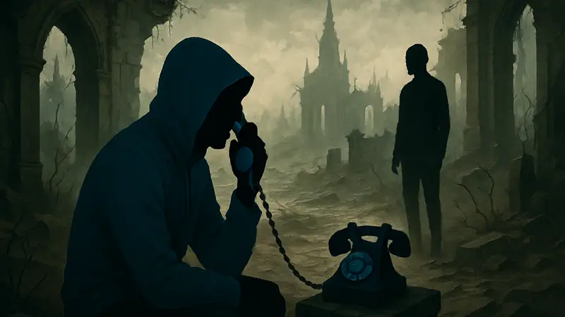 Обложка визуальной новеллы Schrödinger's Call, изображение телефонного звонка в чистилище.