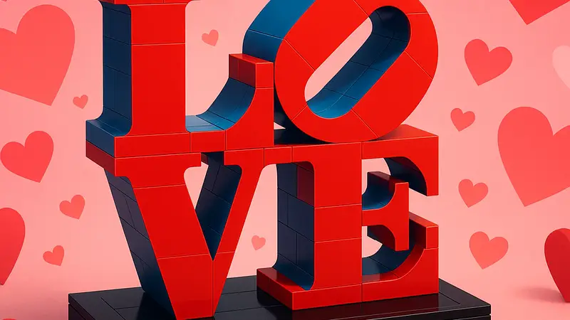 Набор LEGO LOVE Sculpture Art Set, демонстрирующий стильную композицию из кубиков в форме слова 'LOVE', на фоне символизирующем День святого Валентина.