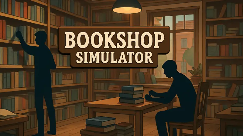 Логотип Bookshop Simulator на фоне книжного магазина, демонстрирующий кооперативный геймплей.