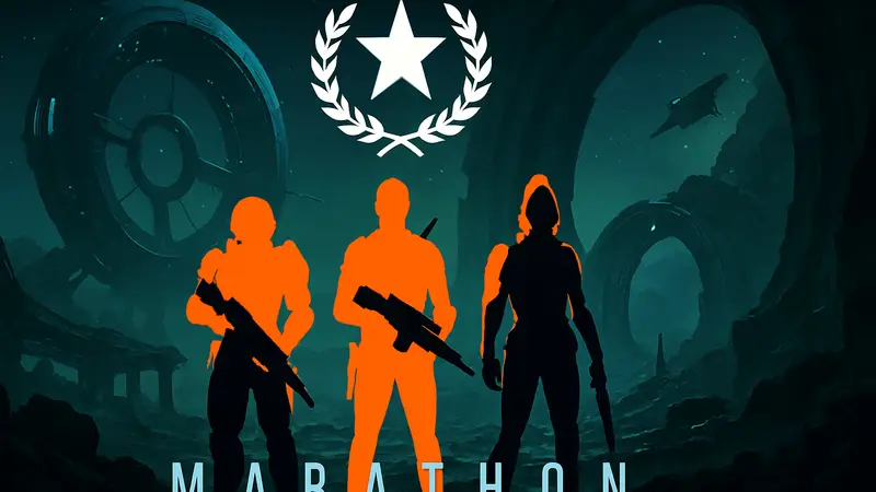 Заставка игры Marathon с изображением персонажей, на фоне значок ранга или соревновательного элемента, символизирующий новый режим.