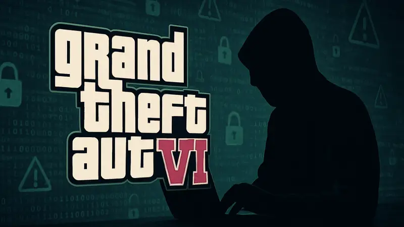 Логотип GTA 6 на фоне кодов или хакерских символов, символизирующий утечку данных Rockstar