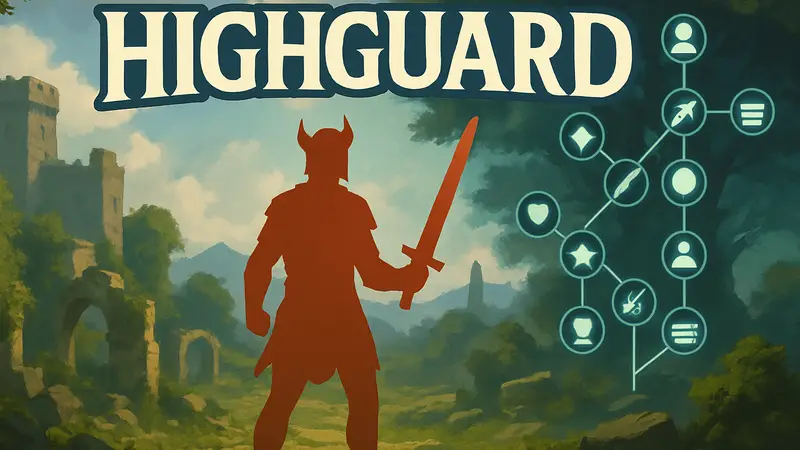 Логотип игры Highguard с изображением нового героя и элементами древа навыков из последнего обновления.