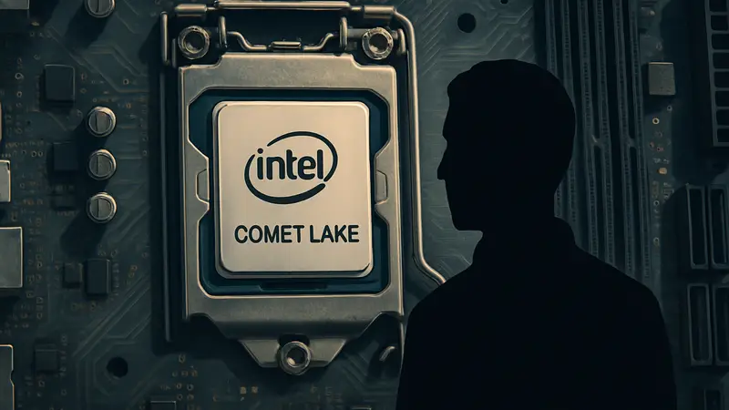 Макет процессора Intel Comet Lake на фоне материнской платы компьютера.