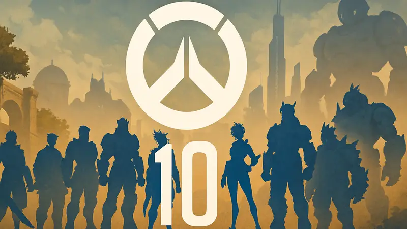 Логотип Overwatch на фоне героев игры, символизирующий 10-летнюю историю шутера Blizzard
