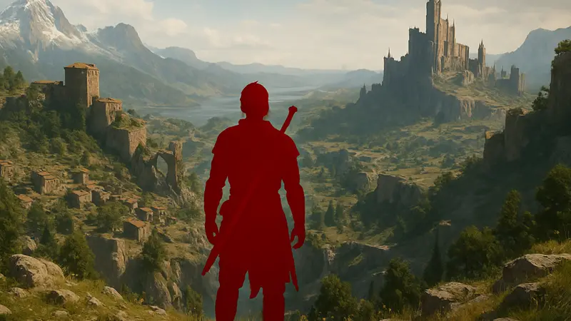 Скриншот игрового мира Crimson Desert с персонажем на фоне огромных локаций.