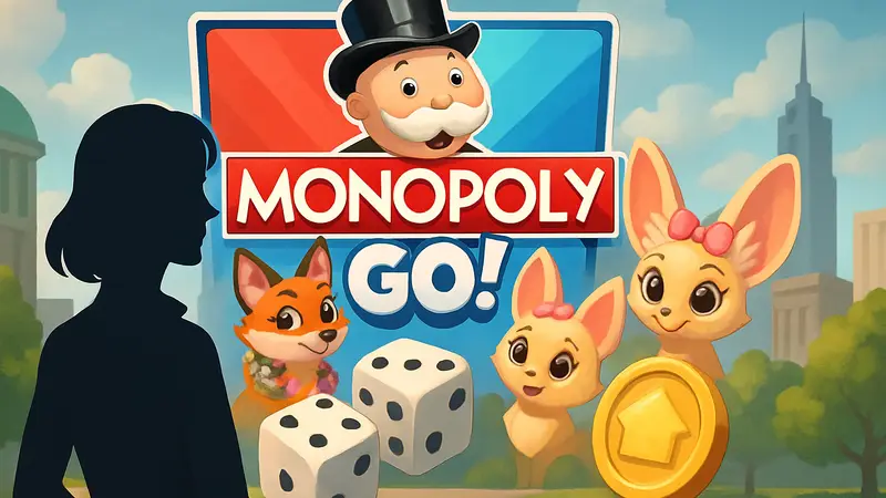 Логотип Monopoly GO с элементами события "Звериные Красавицы", изображения костей и токенов.