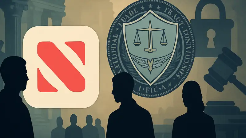Логотипы Apple News и FTC на фоне символики регулирования и контентной политики.