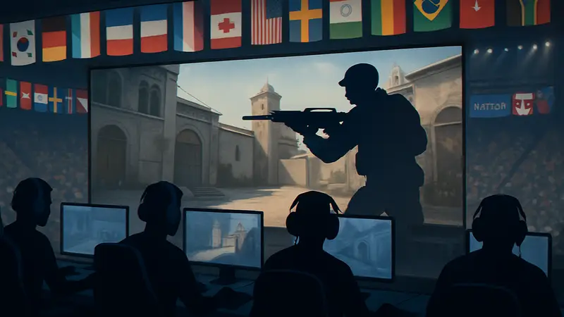 Киберспортсмены играют в Counter-Strike 2 на фоне флагов разных стран на турнире Esports Nations Cup