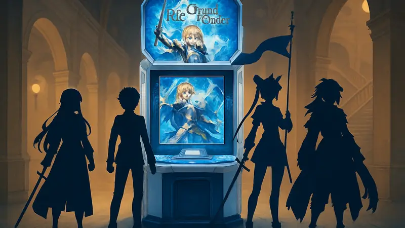 Главный арт Fate/Grand Order Arcade с персонажами на фоне аркадного автомата.
