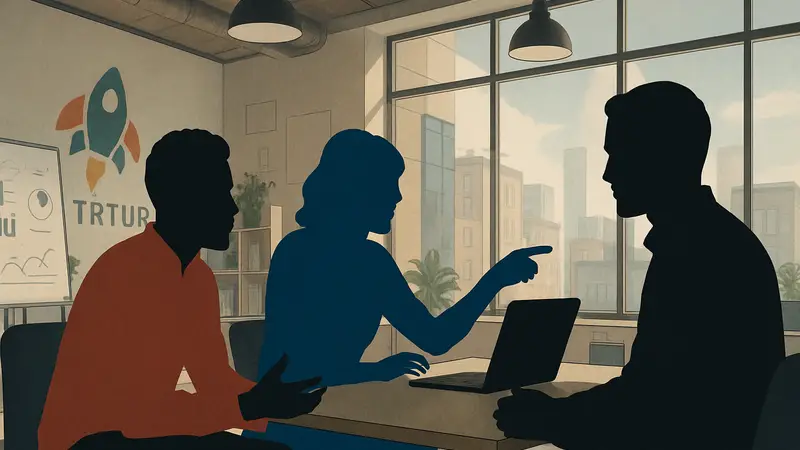 Нестандартные сотрудники обсуждают идеи в офисе стартапа, иллюстрация инновационного подхода к найму.