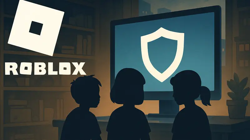 Логотип Roblox и схематичное изображение детей в безопасности в интернете