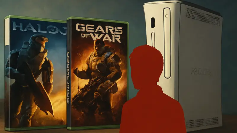 Игры-эксклюзивы Xbox 360: Обложки Halo 3, Gears of War 2 и Fable 2 на фоне консоли.