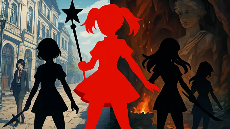 Арт в стиле аниме с волшебными девочками, элементы Persona 5 и Hades 2, символизирующий новую Steam-RPG.