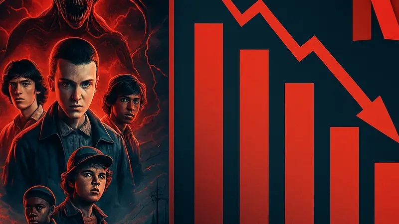 Постер сериала «Очень странные дела» на фоне рейтинга Netflix, демонстрирующий снижение популярности после финала.