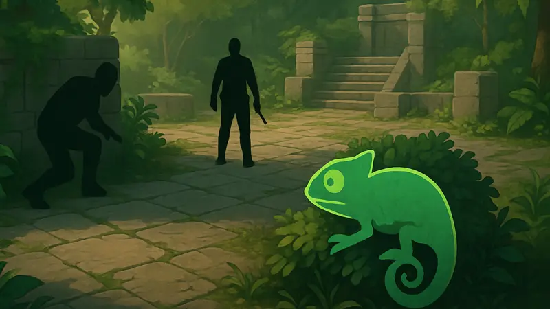 Скриншот из игры Meccha Chameleon, демонстрирующий стелс-геймплей и камуфляж персонажа.