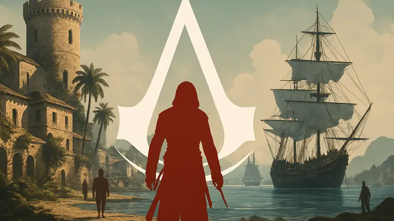 Логотип Assassin's Creed на фоне узнаваемого пейзажа, символизирующий грядущий ремейк игры.