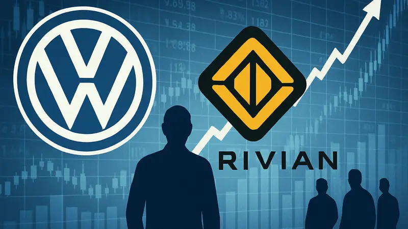 Логотипы Volkswagen и Rivian на фоне схематичного изображения акций и графика роста.
