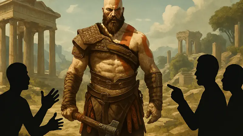 Кратос из ремейка трилогии God of War на фоне древнегреческих руин и споров.