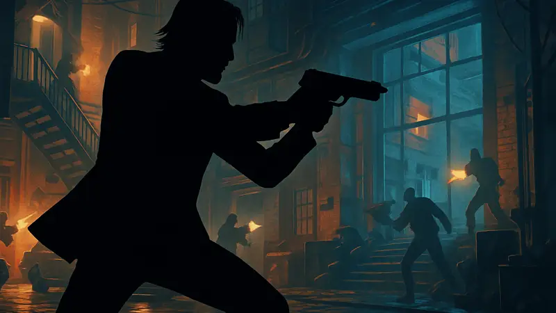 Джон Уик с оружием в динамичной позе, фон из игры с элементами боевика.