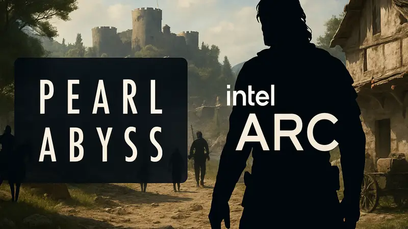 Логотипы Pearl Abyss и Intel Arc GPU на фоне скриншота Crimson Desert, символизирующие сотрудничество.