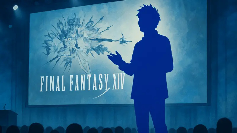 Наоки Ёсида, директор Final Fantasy 14, на сцене во время анонса будущих обновлений игры.