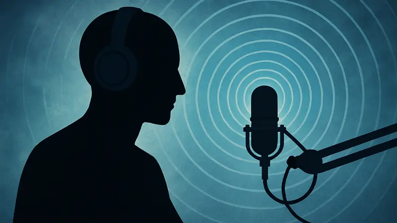 Изображение ИИ-радиоведущего или абстрактное изображение искусственного интеллекта на фоне радиоволн.