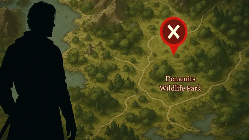 Карта Demeniss Wildlife Park в Crimson Desert с отмеченной локацией Фабрицио.