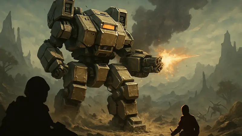 Мех из Helldivers 2 в бою на фоне инопланетного пейзажа, возможно с демонстрацией усиленной брони
