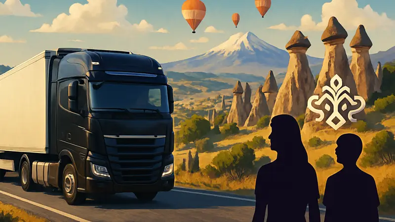 Изображение грузовика Euro Truck Simulator 2 на фоне турецких пейзажей, логотип Soul of Anatolia.