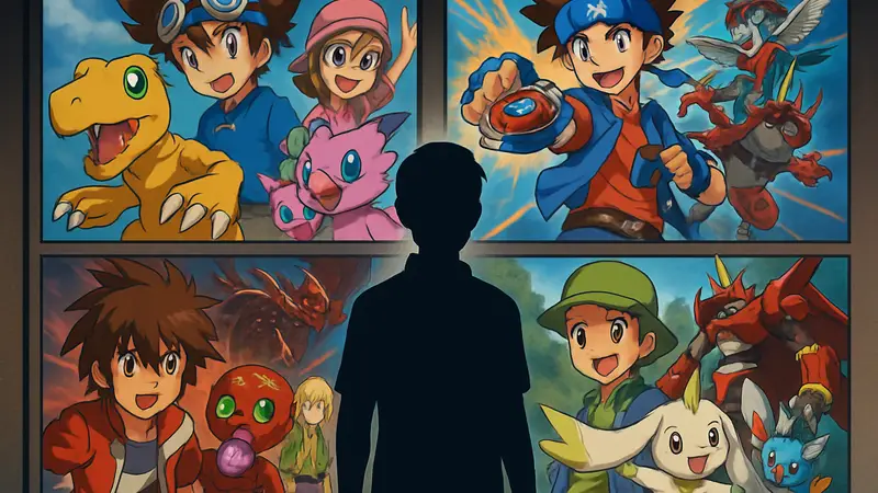Коллаж из постеров различных аниме, похожих на Покемонов, включая Digimon и Beyblade