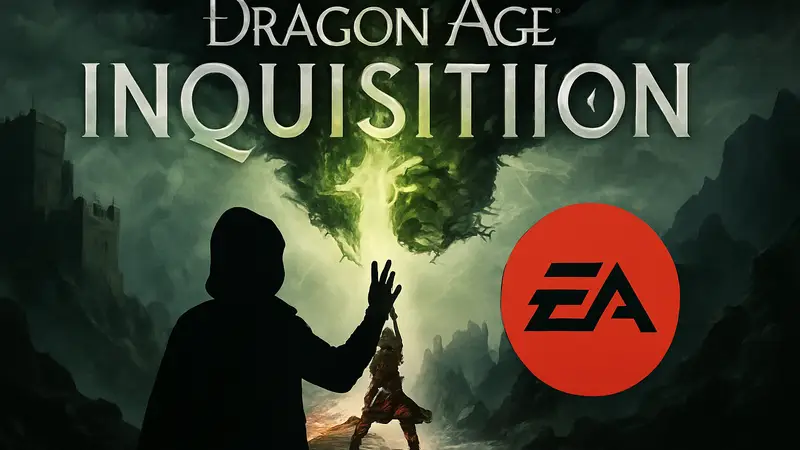 Логотип Dragon Age Inquisition и символика Electronic Arts на тёмном фоне.