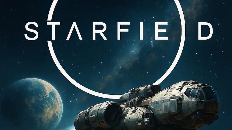 Логотип Starfield на фоне космического корабля, символизирующий будущее обновление