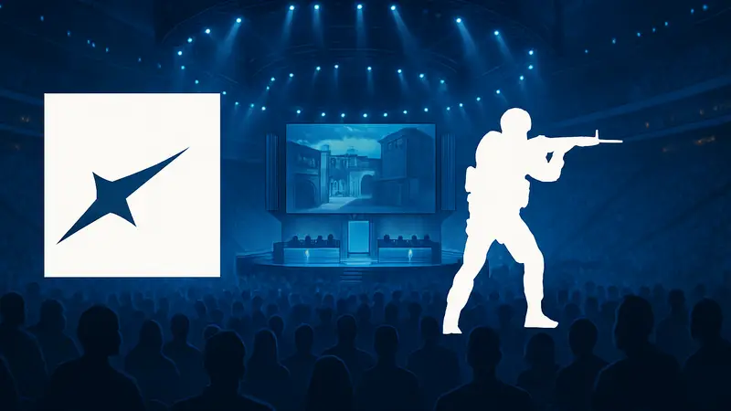 Логотип HLTV и символика Counter-Strike на фоне киберспортивного турнира